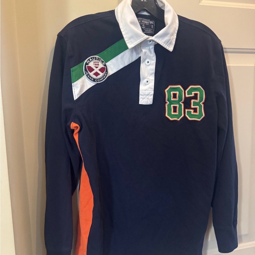 Nautica Vintage Navy Rugby Polo Shirt with Number 83 Size Small